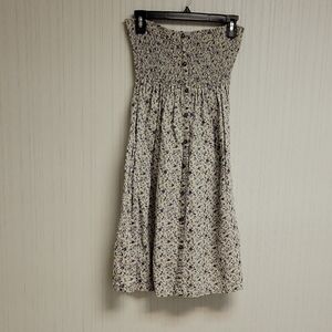 Mango Textured Beige & Blue Linen Strapless Sun Dress Sz 10. Summer Vacation